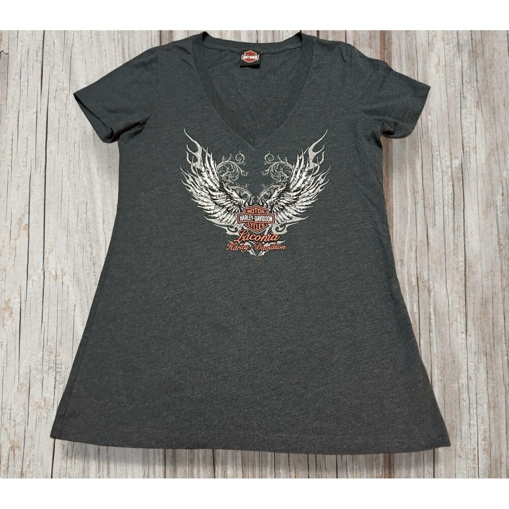 Harley-Davidson Women's Charcoal V-Neck Tee with Winged Shield Graphic XL